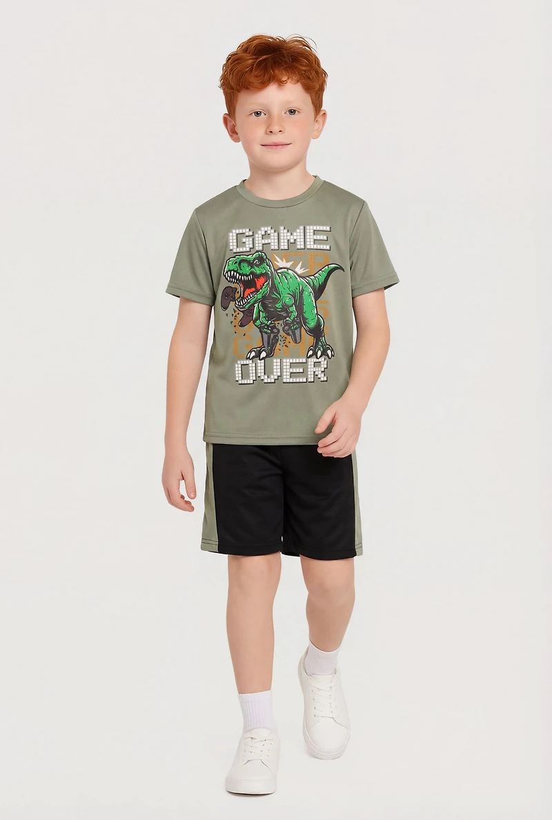 Little Boys Game Over Dinosaur Graphic Tee and Shorts Set