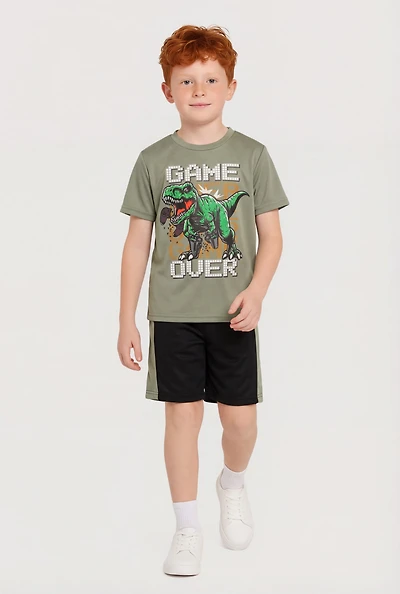 Little Boys Game Over Dinosaur Graphic Tee and Shorts Set