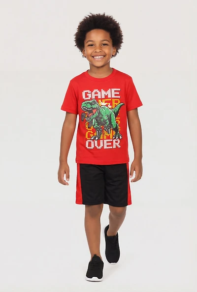 Little Boys Game Over Dinosaur Graphic Tee and Shorts Set