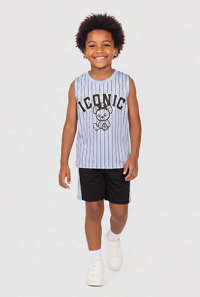 Little Boys Striped Iconic Graphic Mesh Tank Top and Shorts