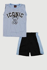 Little Boys Striped Iconic Graphic Mesh Tank Top and Shorts
