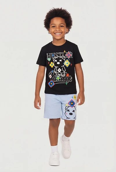 Little Boys Hustler Bear Graphic Tee and Shorts