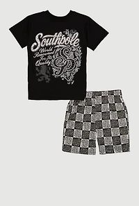 Little Boys Graphic Tee and Checkered Shorts Set