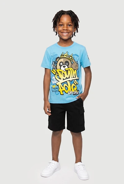 Little Boys King of The Street Bear Graphic Tee and Shorts