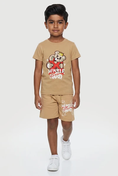 Little Boys Hustle Hard Bear Tee and Sweatshorts