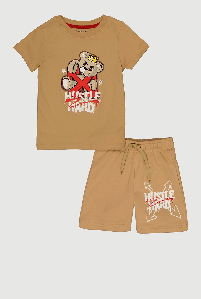Little Boys Hustle Hard Bear Tee and Sweatshorts