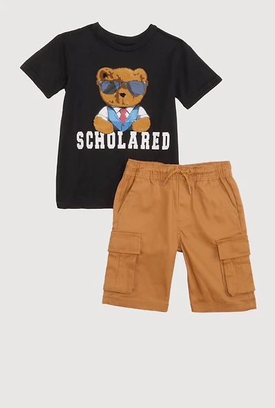 Little Boys Chenille Scholared Teddy Tee and Cargo Shorts, Multi, Size 6