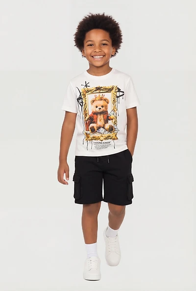 Little Boys Young Kings Teddy Bear Graphic Tee and Shorts