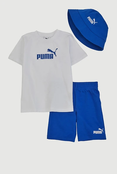 Little Boys Puma T Shirt and Shorts with Bucket Hat, Blue, Size 6