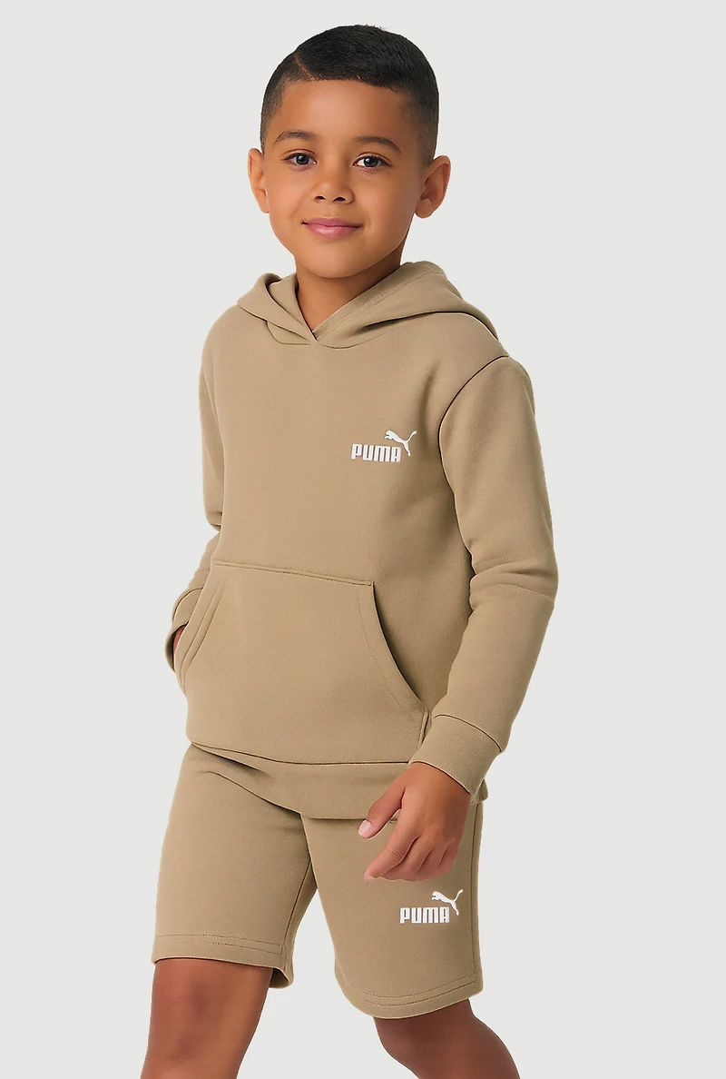 Little Boys Logo Kangaroo Pocket Hoodie and Sweatshorts, Brown, Size 4