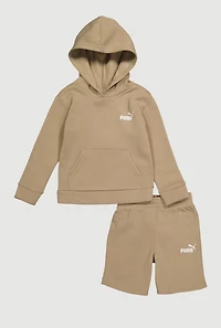 Little Boys Logo Kangaroo Pocket Hoodie and Sweatshorts, Brown, Size 4