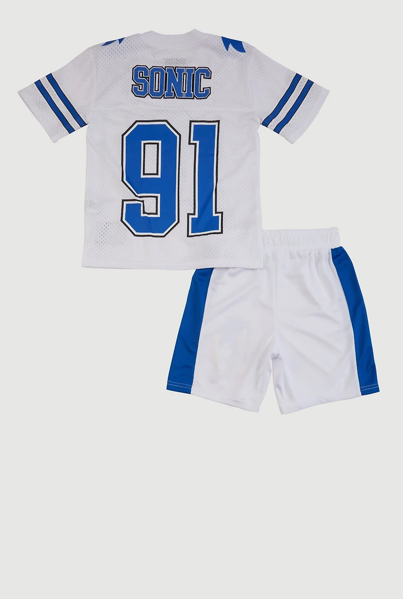 Boys Contrast Trim Sonic 91 Graphic Mesh Football Jersey and Shorts