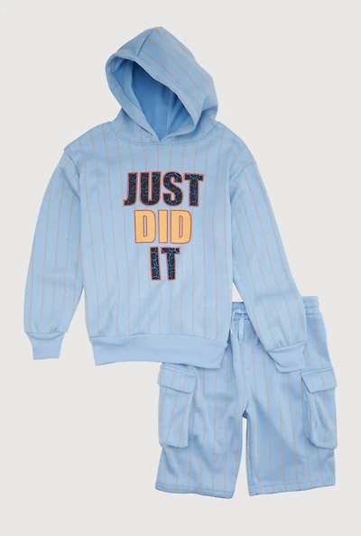 Boys Trendy Just Did It Striped Hoodie and Cargo Sweatshorts