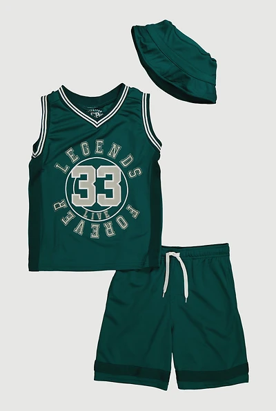 Boys Legends Live Forever Jersey and Shorts with Hat, Green, Size 10-12