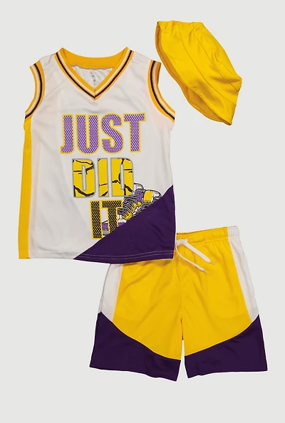 Boys Stylish Color Block Basketball Jersey and Shorts Set with Hat, Multi, Size 18
