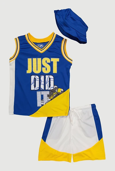 Boys Stylish Color Block Basketball Jersey and Shorts Set with Hat, Multi, Size 10-12