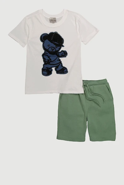 Boys Stylish Chenille Bear Patch Tee and Sweatshorts