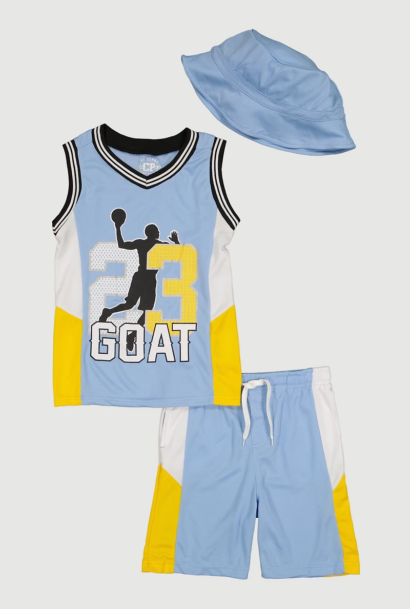 Boys 23 GOAT Graphic Mesh Jersey and Shorts with Bucket Hat