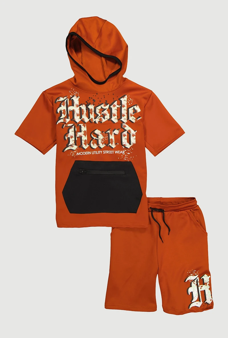 Boys Hustle Hard Hooded Tee and Shorts, Orange, Size 12-14