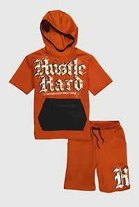 Boys Hustle Hard Hooded Tee and Shorts, Orange, Size 12-14