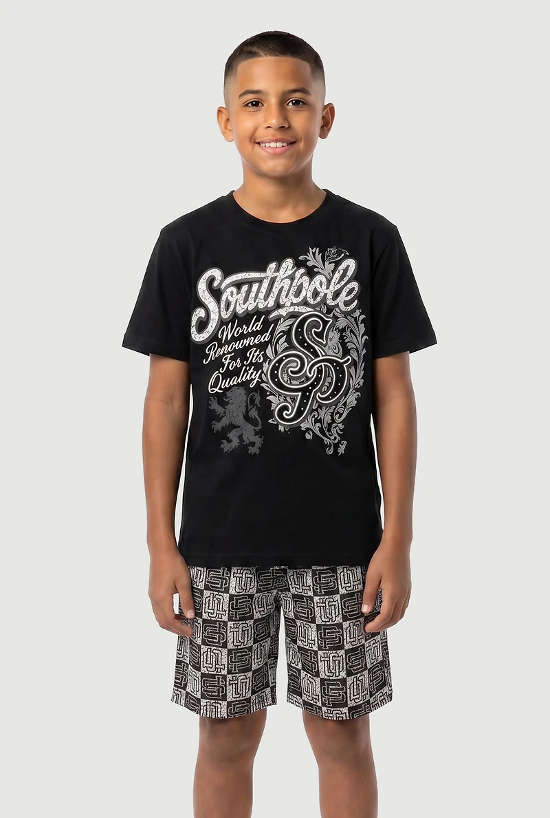 Boys Graphic Tee and Checkered Shorts Set