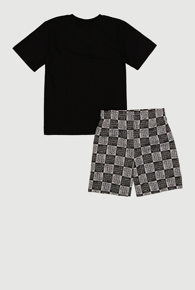 Boys Graphic Tee and Checkered Shorts Set