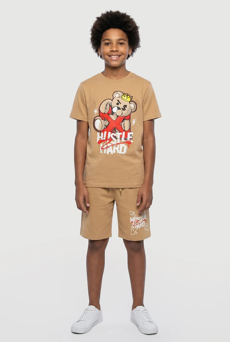 Boys Hustle Hard Graphic Tee and Drawstring Waist Shorts