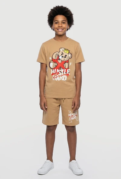 Boys Hustle Hard Graphic Tee and Drawstring Waist Shorts