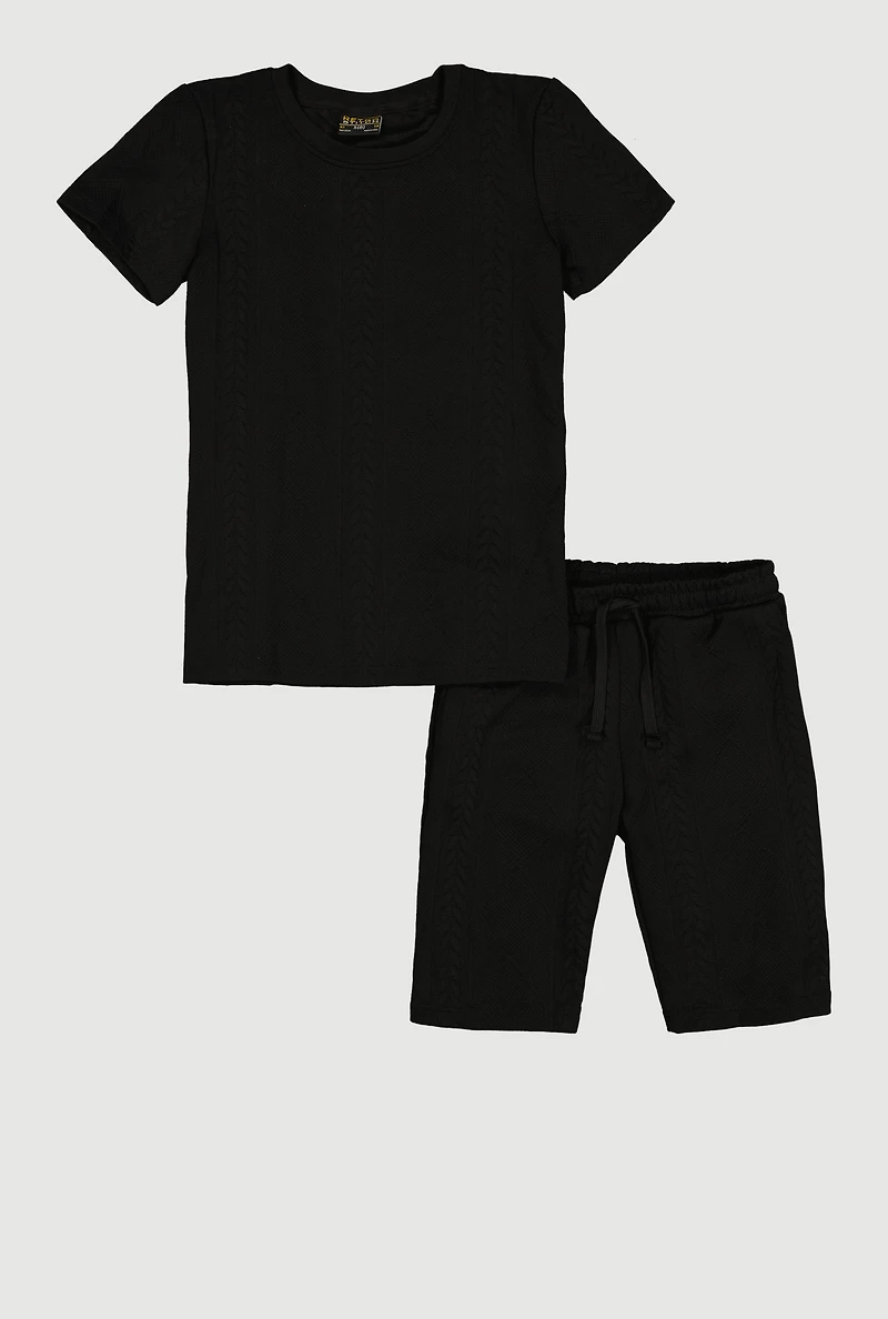 Boys Textured Knit Short Sleeve Top and Drawstring Shorts