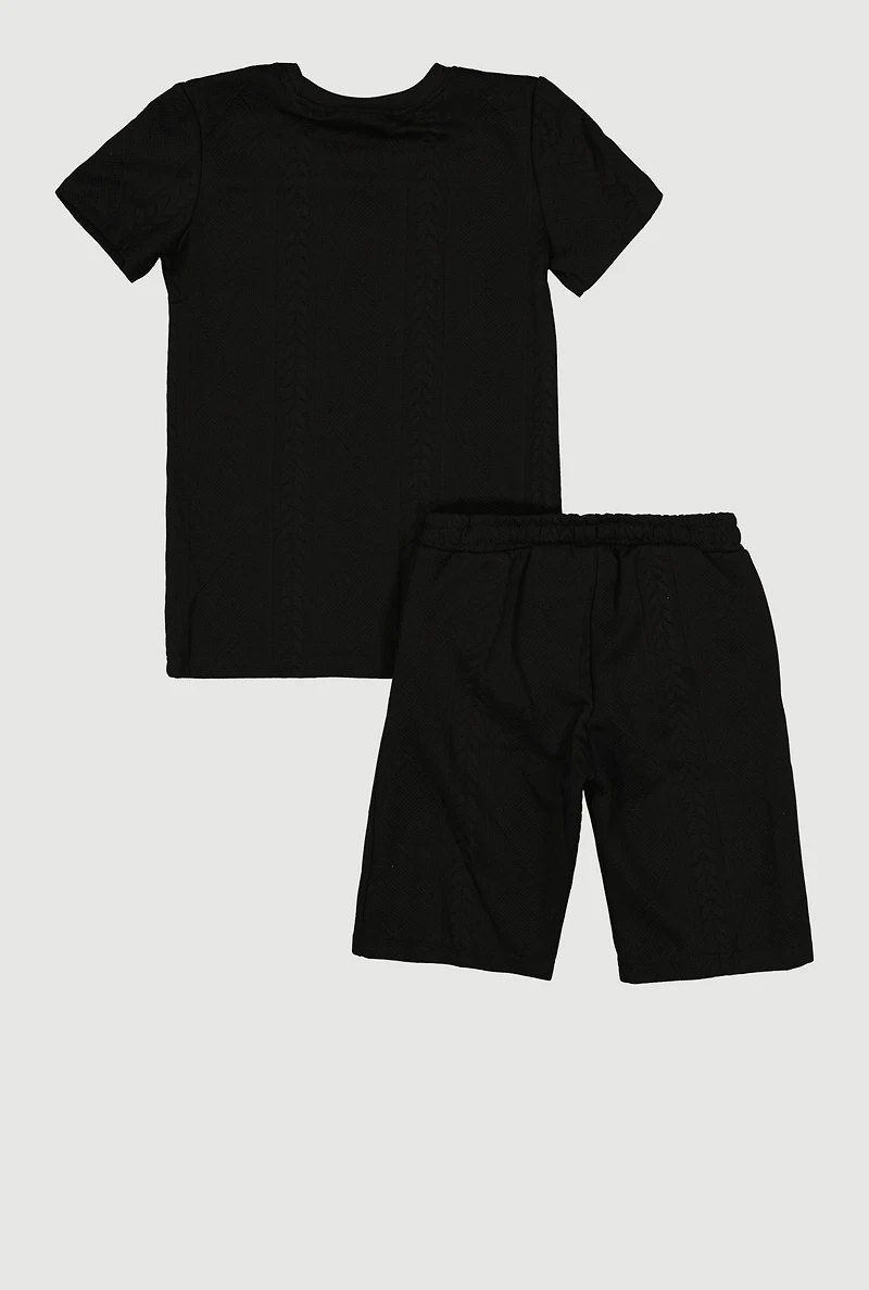 Boys Textured Knit Short Sleeve Top and Drawstring Shorts