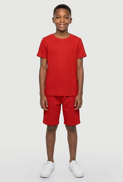 Boys Patterned Textured Knit Short Sleeve Top and Shorts