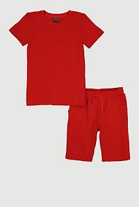 Boys Patterned Textured Knit Short Sleeve Top and Shorts