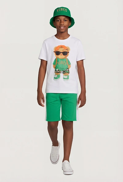 Boys Bear Vibes Graphic Tee and Shorts with Bucket Hat