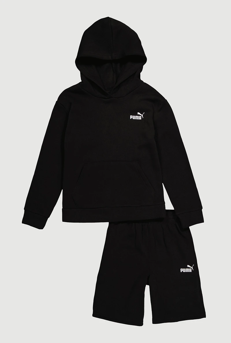 Boys Kangaroo Pocket Graphic Hoodie and Sweatshorts, Black, Size S