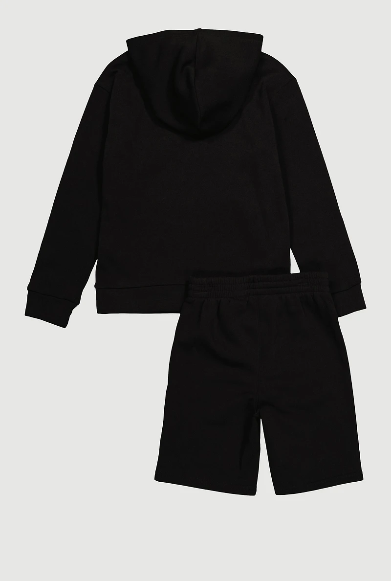 Boys Kangaroo Pocket Graphic Hoodie and Sweatshorts, Black,