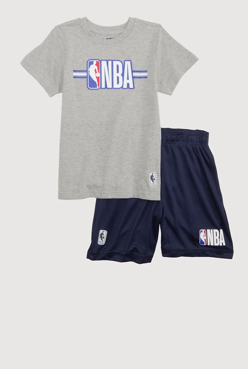 Boys NBA Logo Marled Graphic Tee and Shorts, Grey, Size 14-16