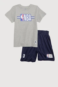 Boys NBA Logo Marled Graphic Tee and Shorts, Grey, Size 14-16