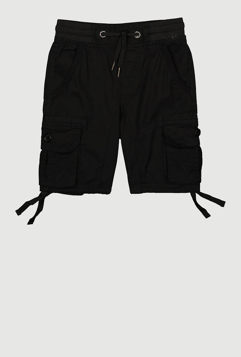 Little Boys Tie Hem Cargo Shorts, Black, Size 6