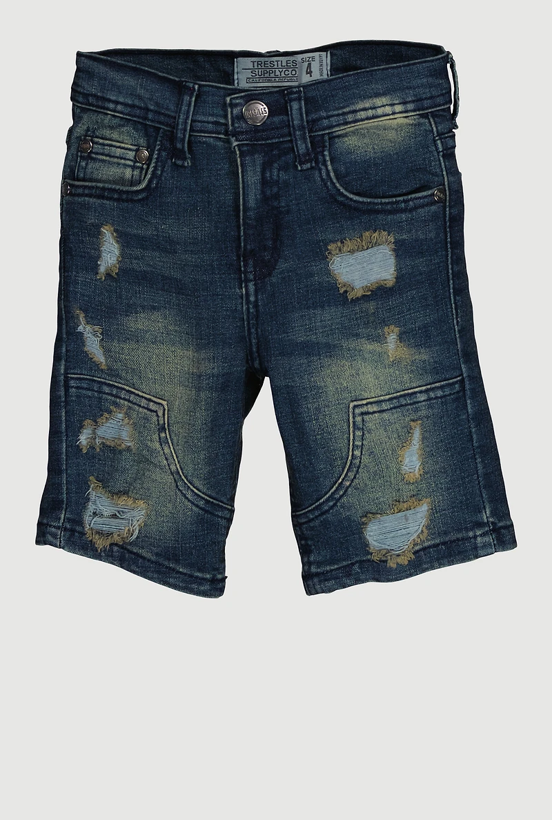 Little Boys Distressed Faded Denim Shorts, Blue, Size 6