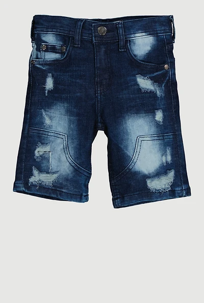 Little Boys Distressed Whiskered Denim Shorts, Blue, Size 4