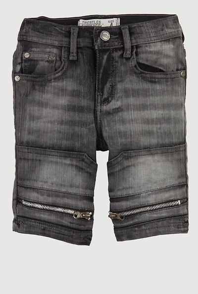 Little Boys Zip Detail Denim Moto Shorts, Black, Size 6