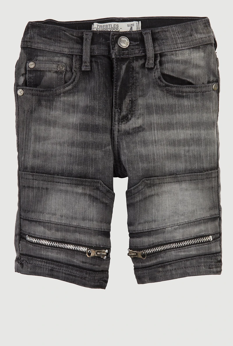Little Boys Zip Detail Denim Moto Shorts, Black, Size 4
