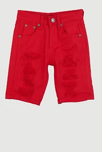 Little Boys Distressed Patch and Repair Shorts, Red, Size 7
