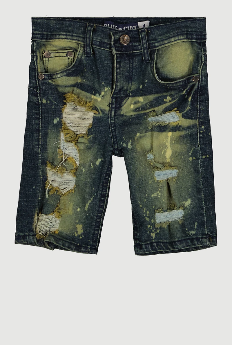 Little Boys Paint Splatter Whiskered Distressed Denim Shorts