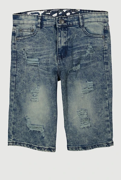 Boys Mineral Wash Whiskered Distressed Shorts, Blue, Size 8
