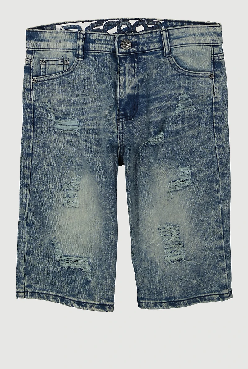 Boys Mineral Wash Whiskered Distressed Shorts, Blue, Size 8