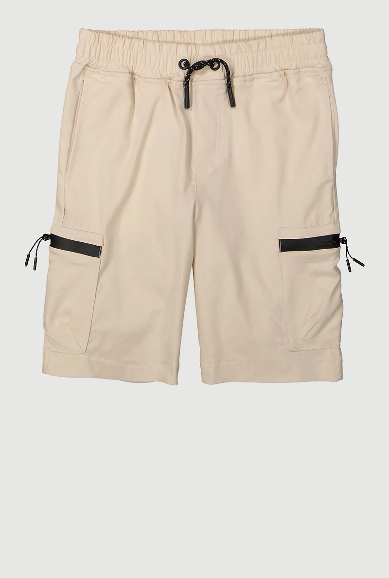 Boys Drawstring Shorts with Pockets and Zippers, Khaki, Size 14-16