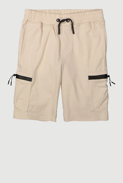 Boys Drawstring Shorts with Pockets and Zippers, Khaki, Size 14-16