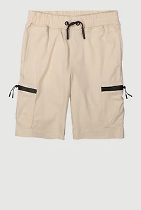 Boys Drawstring Shorts with Pockets and Zippers, Khaki, Size 14-16