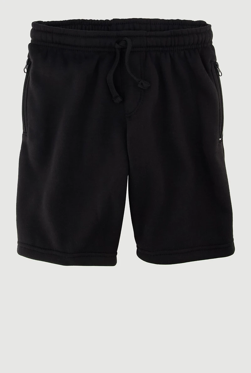 Boys Stylish Zip Pocket Sweatshorts with Drawstring Waist, Black, Size 10-12